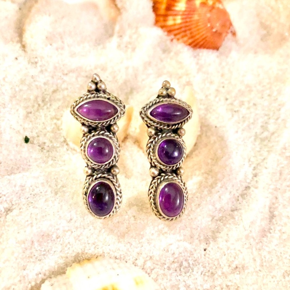 Beautiful sterling silver amethyst tri stone stud drop earrings Native American